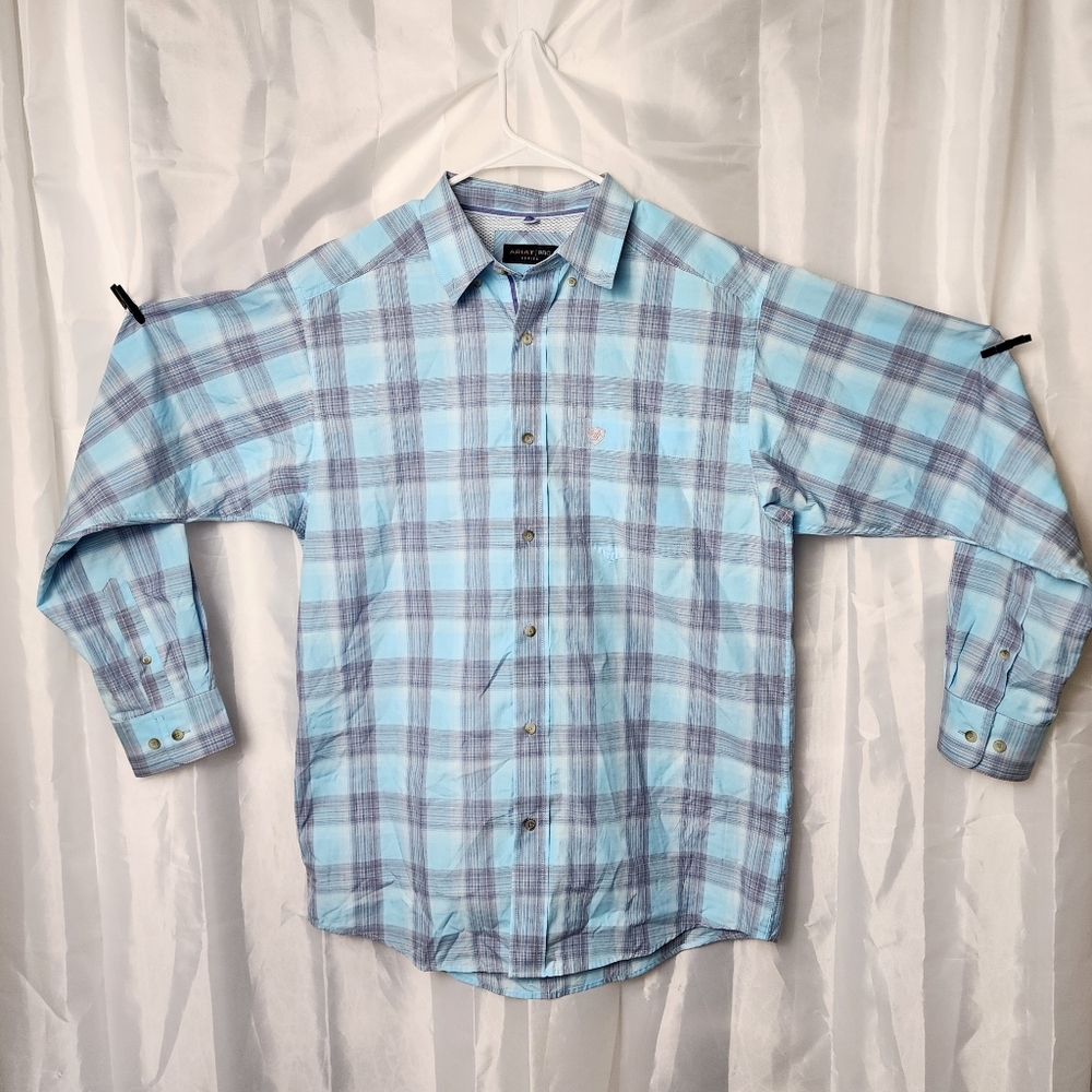 Ariat Pro Series Kane Button Up Shirt Long Sleeve Mens M Sky Blue Plaid Stretch